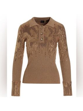 Pinko Knit Polo Long Sleeve Gold Caramel Button Down Sequin Top Sweater Size XS